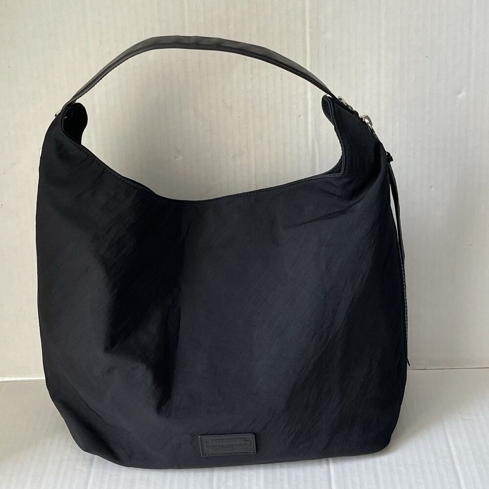 REBECCA MINKOFF Crescent Hobo Shoulder Bag Black Nylon Handbag Zippered Pockets